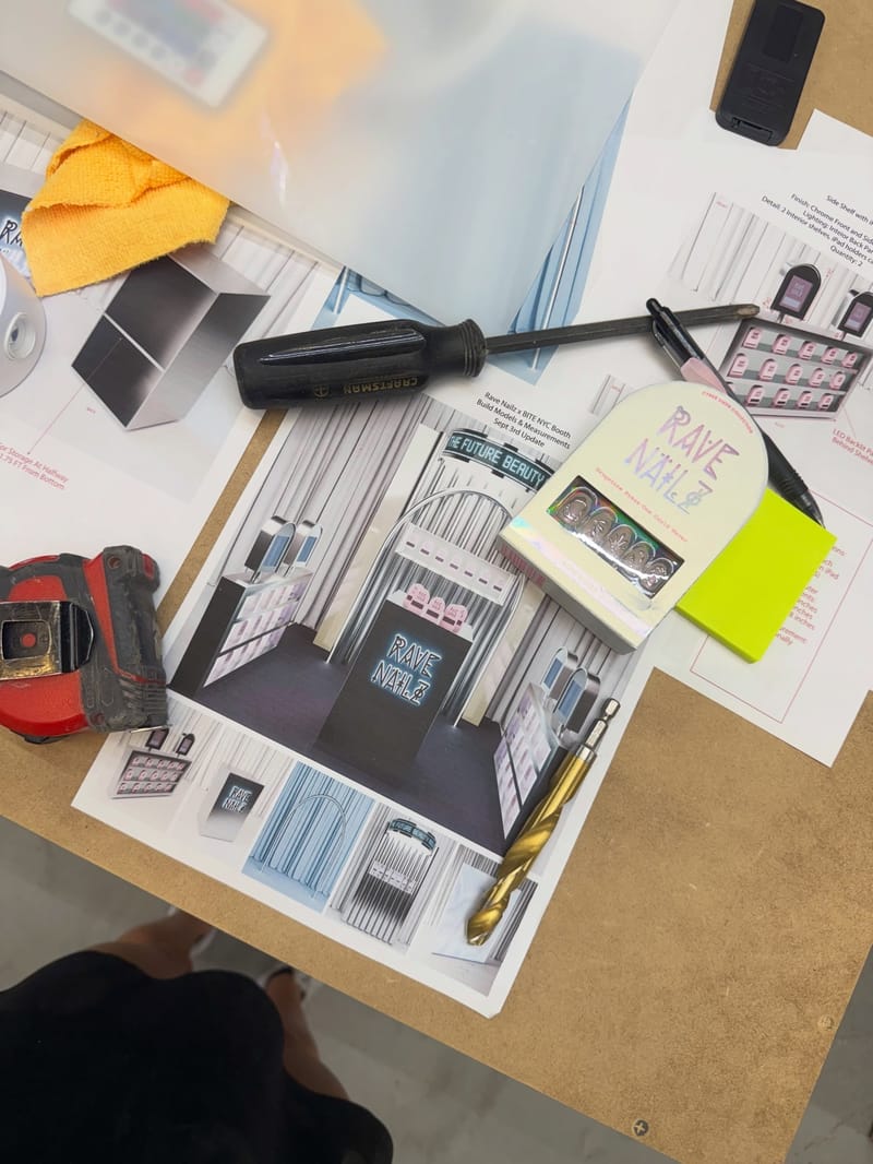 Booth plans, product packaging and tools spread across a work table while planning the Rave Nailz booth